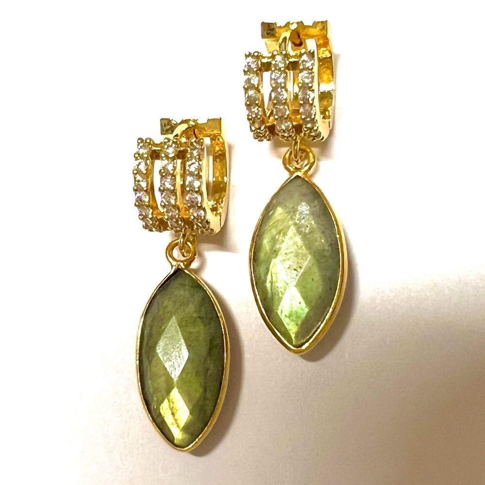 Labradorite genuine gemstones hung on gold huggie hoops
